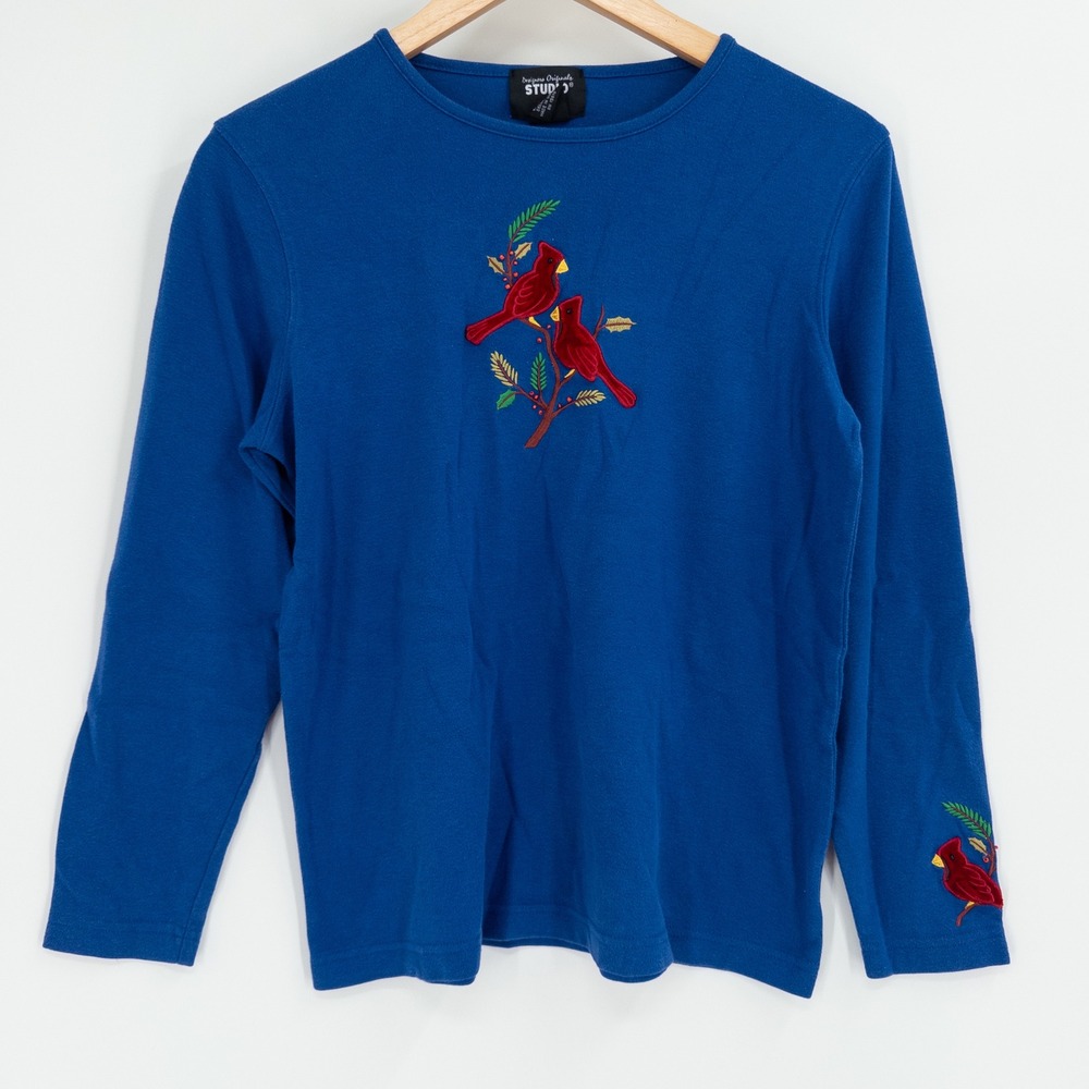 Vintage Holiday Cardinal Top Women M Blue Christmas Bird Winter Granny Indie 90s